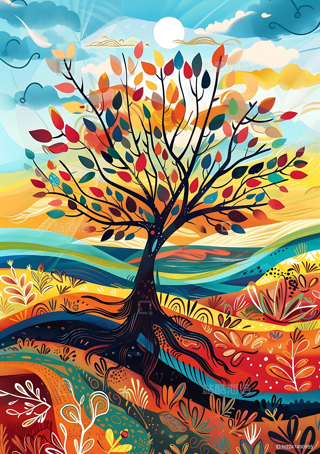 多彩抽象树木插画与根系和景观