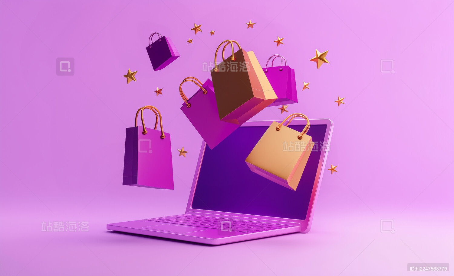 3D紫色卡通笔记本电脑和购物袋