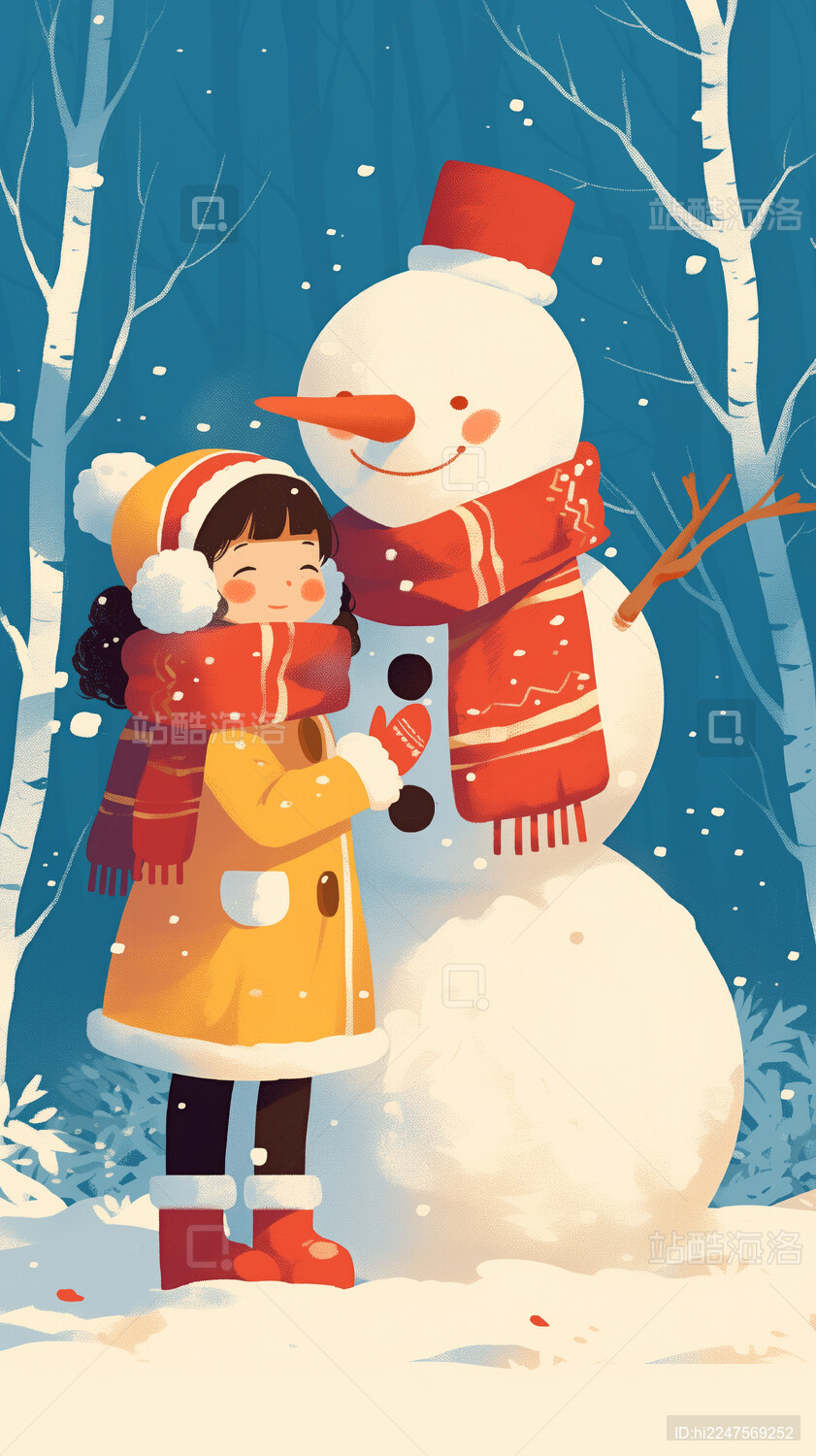 冬天女孩雪人唯美小清新插画