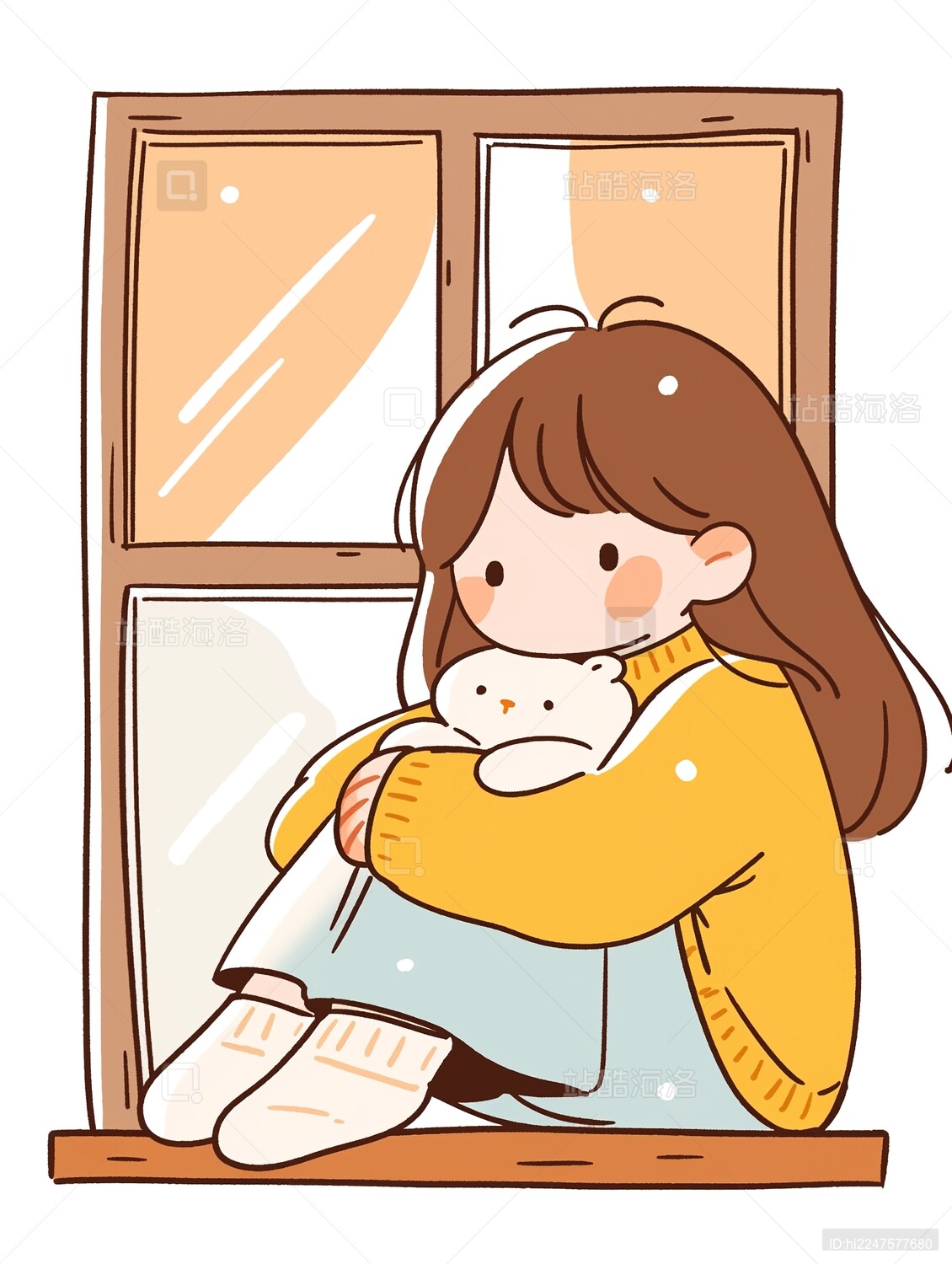 冬天坐在窗户边看雪景的女孩