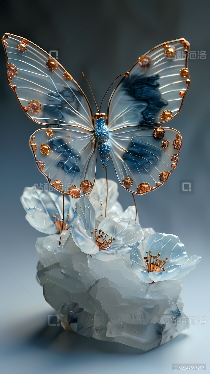 蓝色水晶宝石飞行蝴蝶海报背景