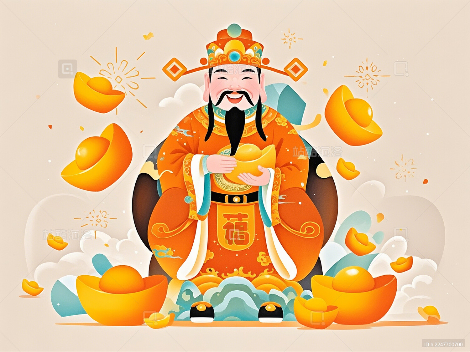 正月初五迎财神财神到手绘插画素材