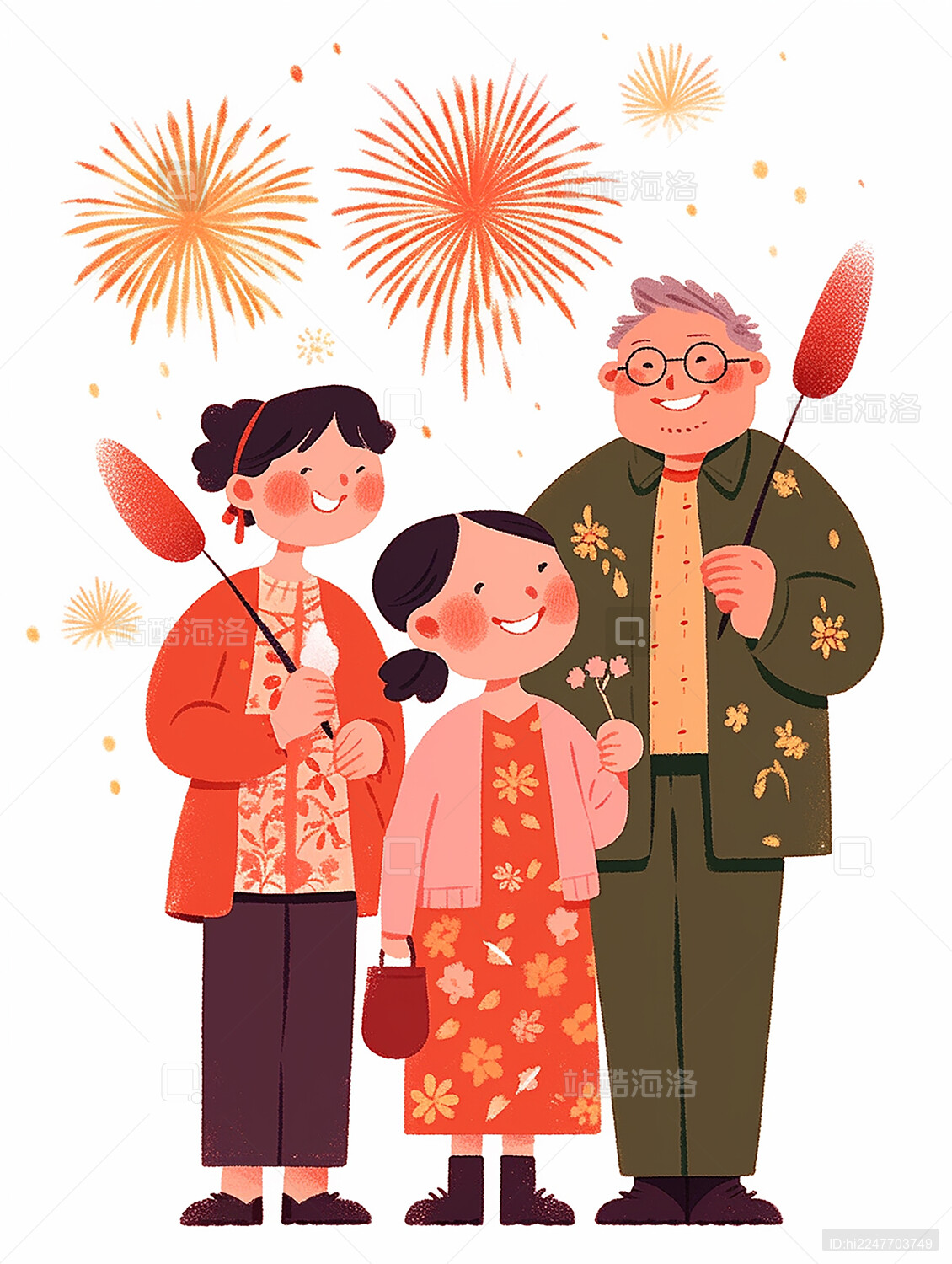 新年一家人放烟花插画