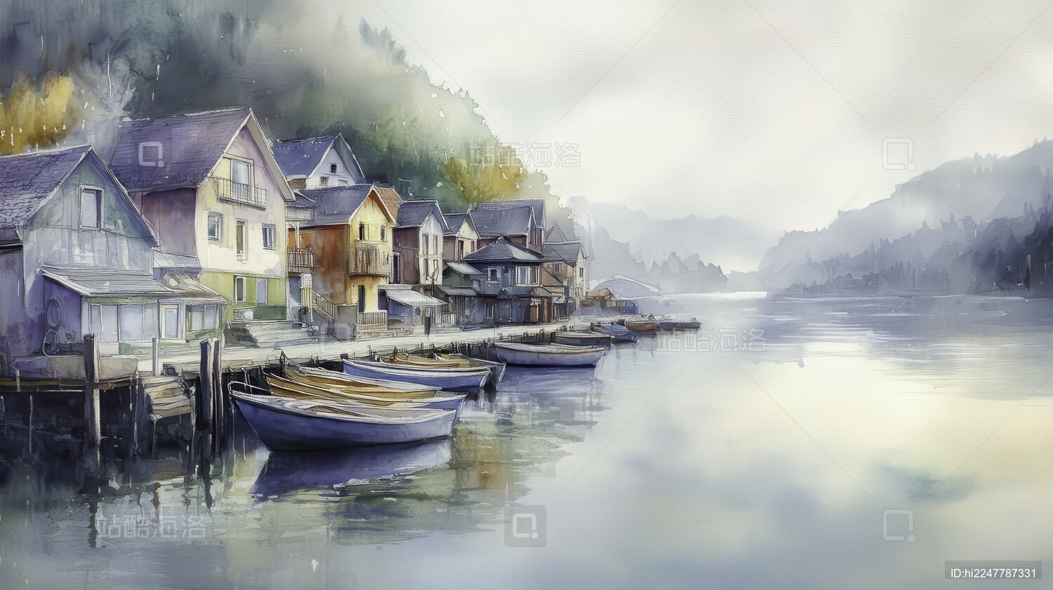渔村的清晨码头与停泊的船只