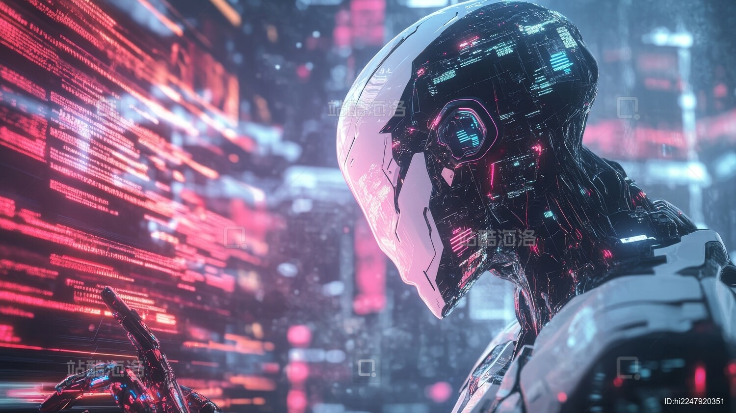 未来科技感十足的机器人 背景为数字化信息