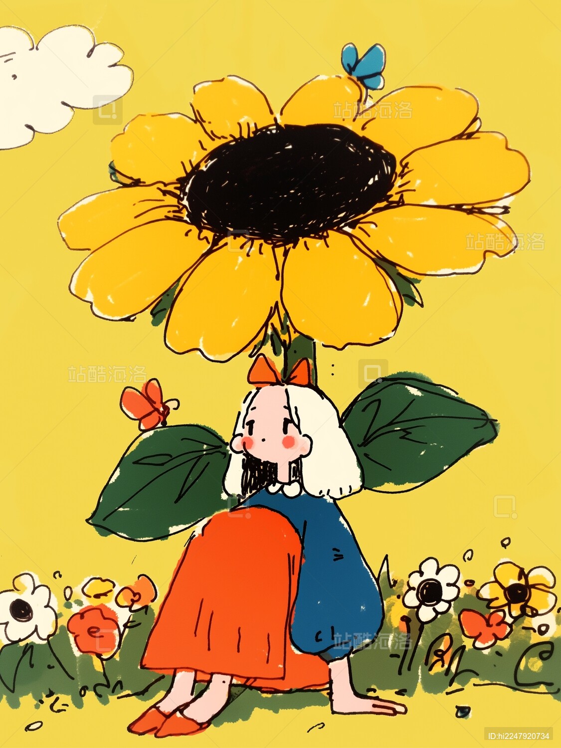 向日葵花下的女孩插画
