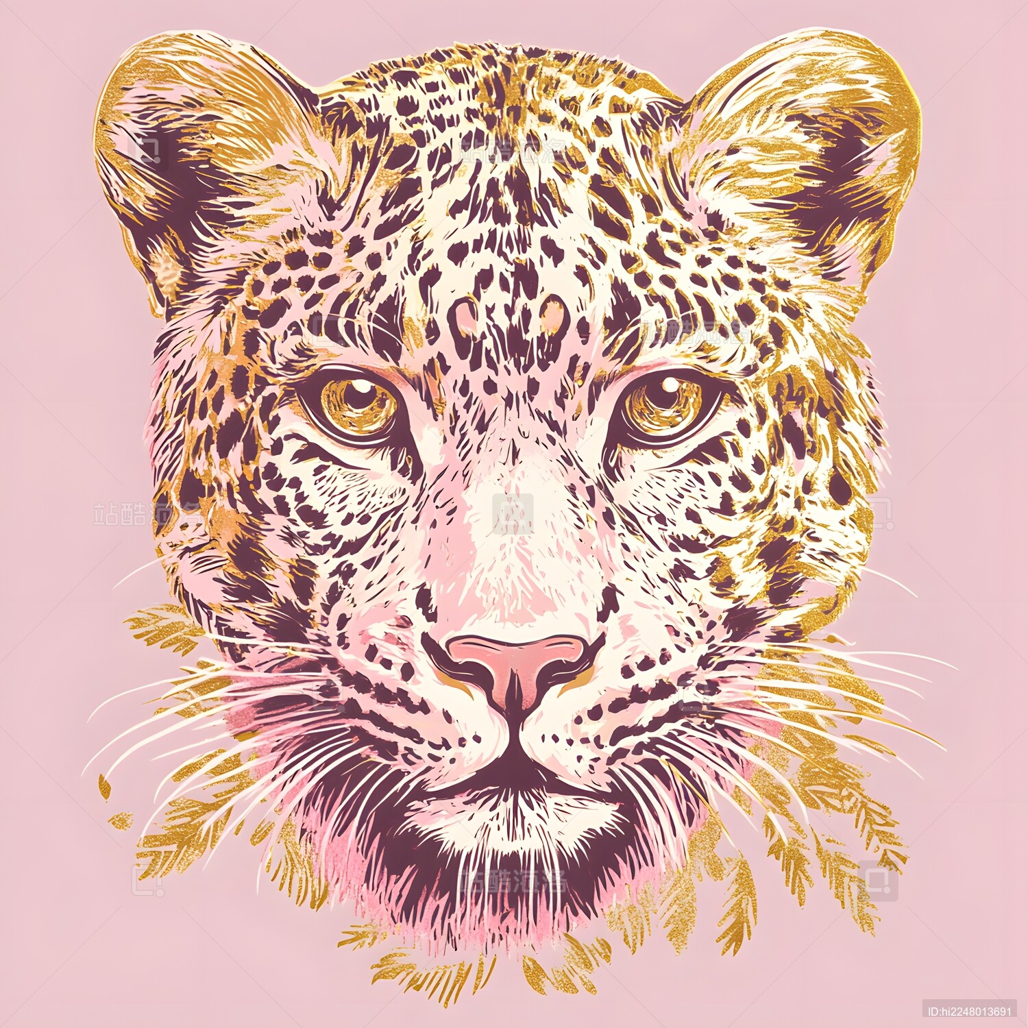 粉金色金钱猎豹头像T恤服装图案印花插画
