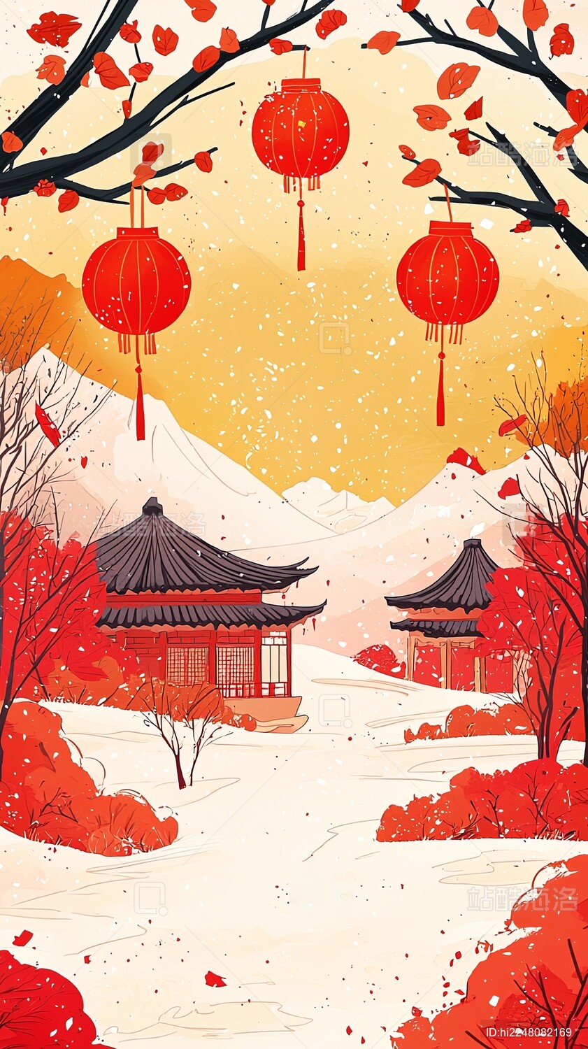 2025新年海报背景 传统红灯笼与桃花