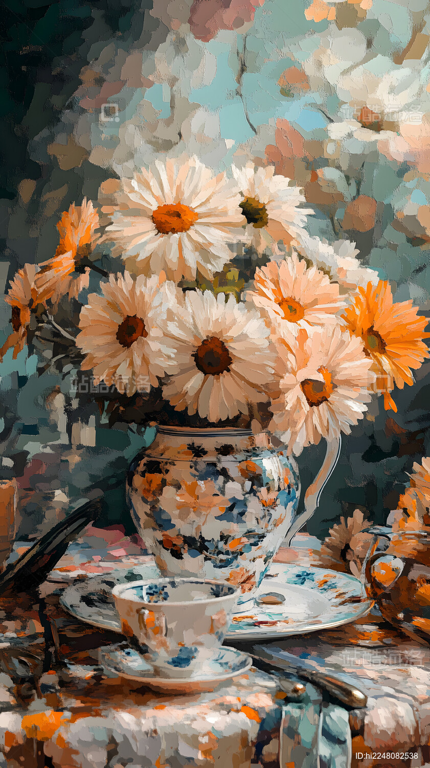 花瓶中的美丽雏菊油画风格