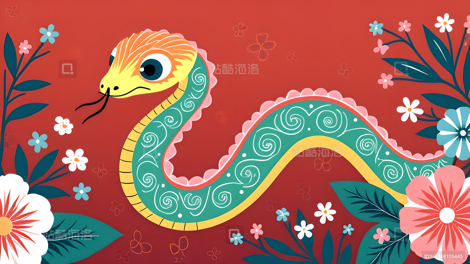 多彩的花卉图案可爱的生肖蛇插图