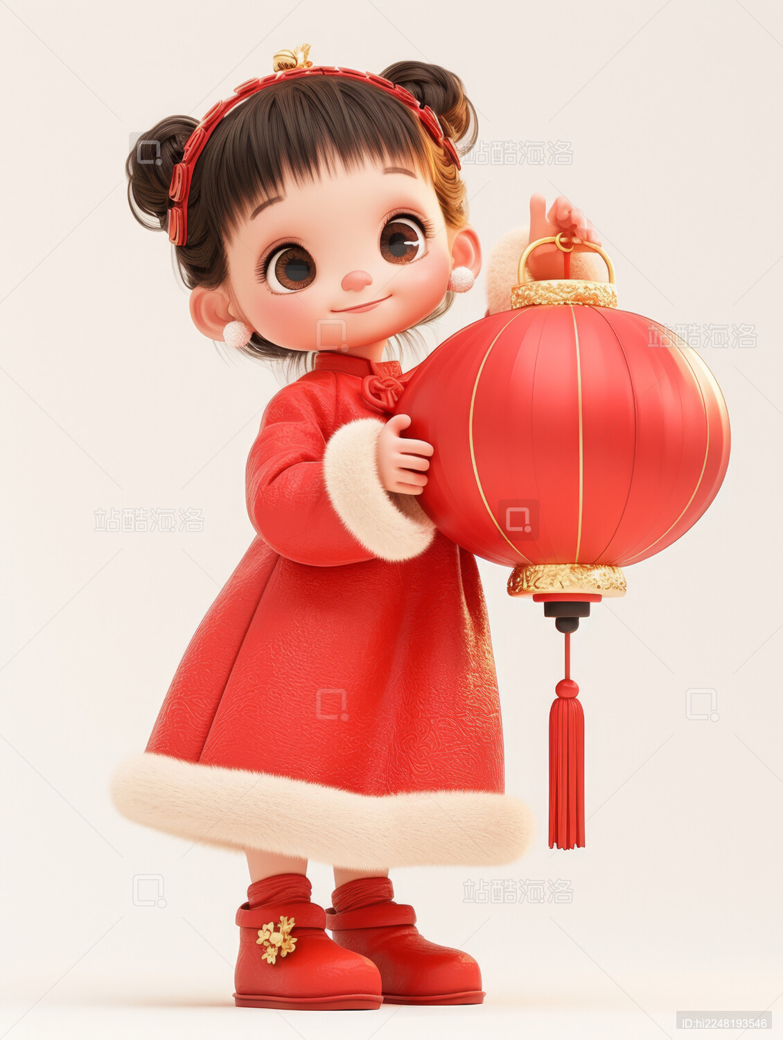 小女孩提着红色灯笼