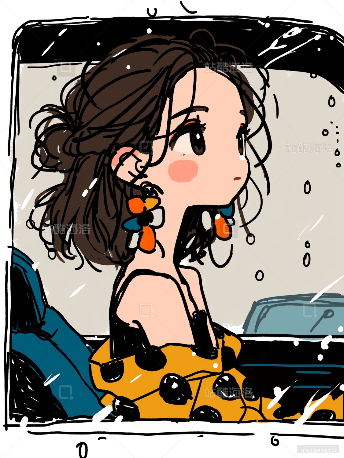 开车女孩的涂鸦风插画