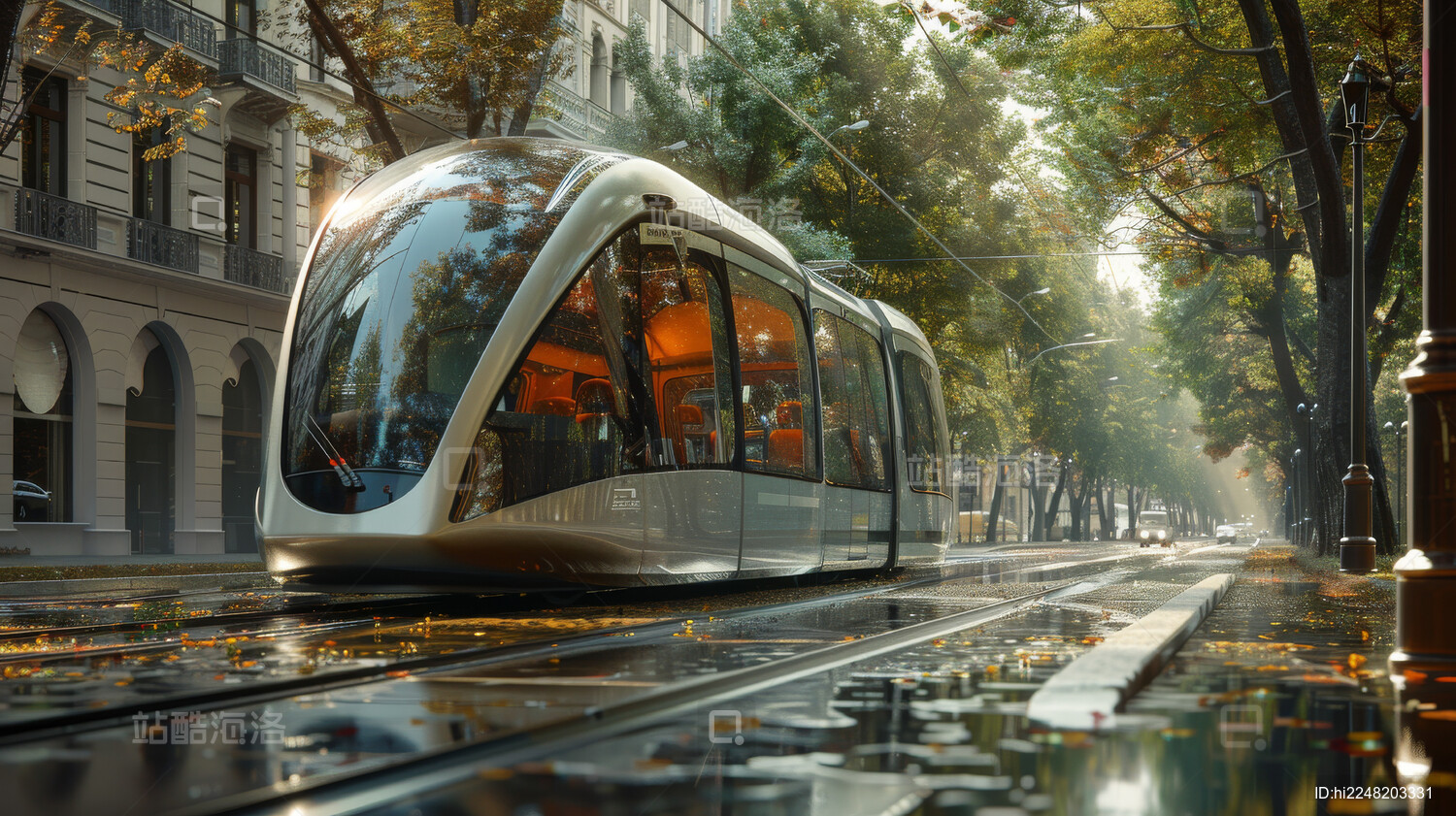 未来无人驾驶智慧公交行驶在城市中