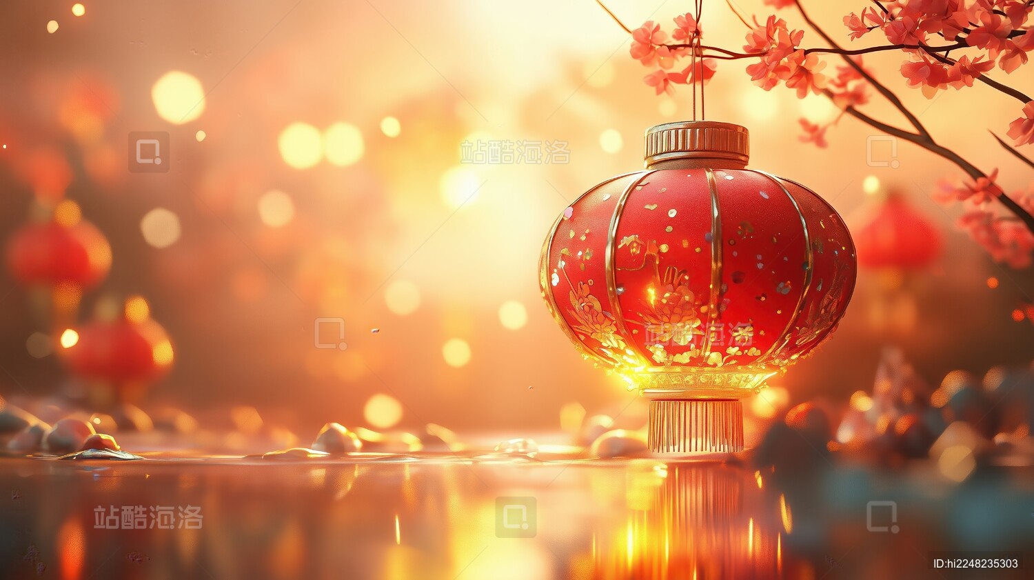 国风节日傍晚红色灯笼城市背景虚化3D插画