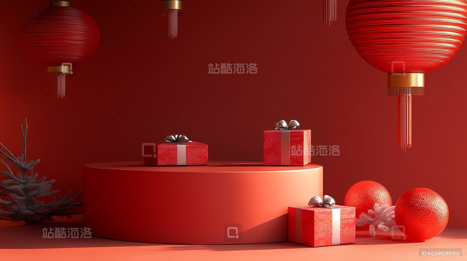  传统中国新年红色基座和灯笼海报背景
