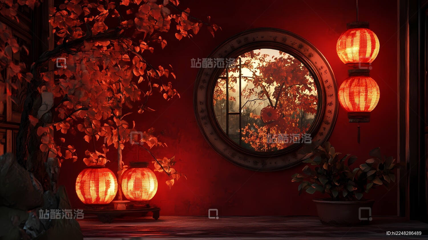 传统中国春节红色灯笼场景展台海报背景