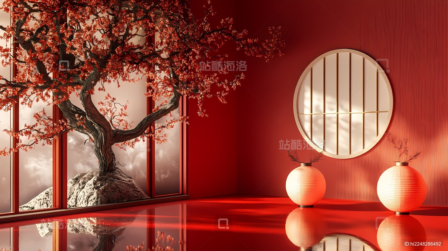 传统中国春节红色灯笼场景展台海报背景