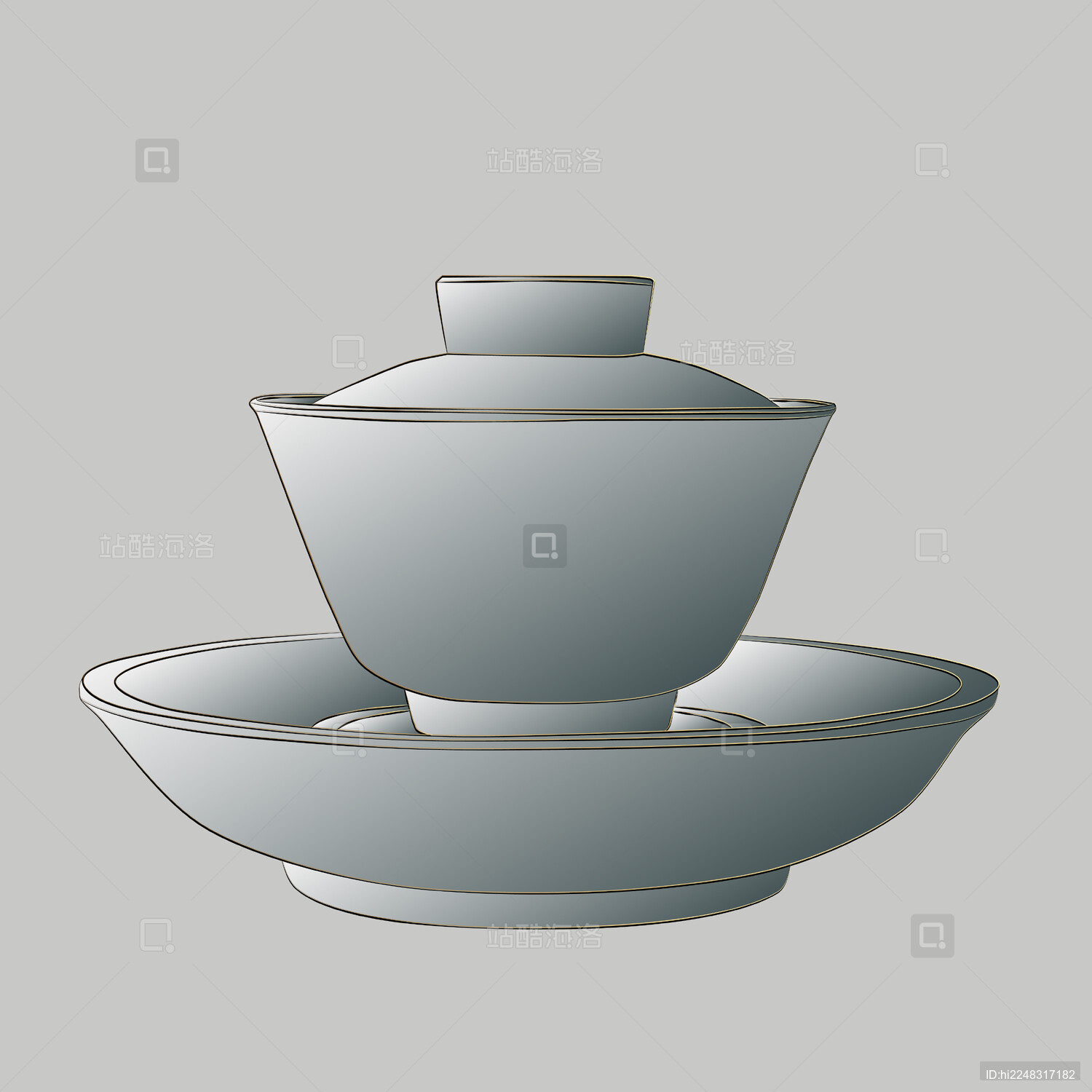 古风宋瓷带拖盖碗茶盏手绘矢量线稿插画