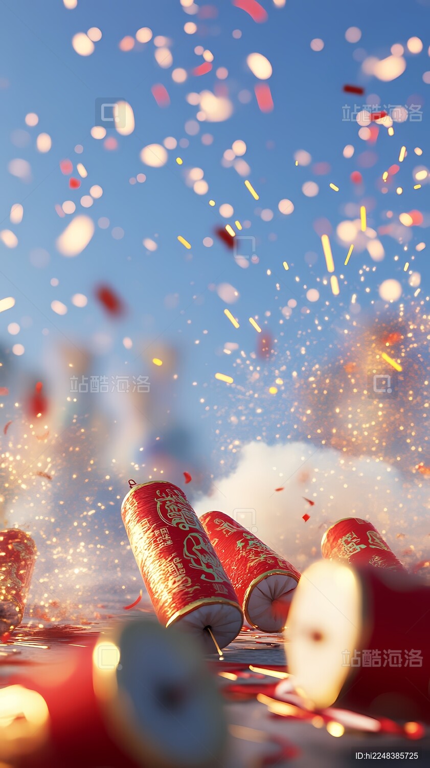中国传统新年放鞭炮插画海报背景