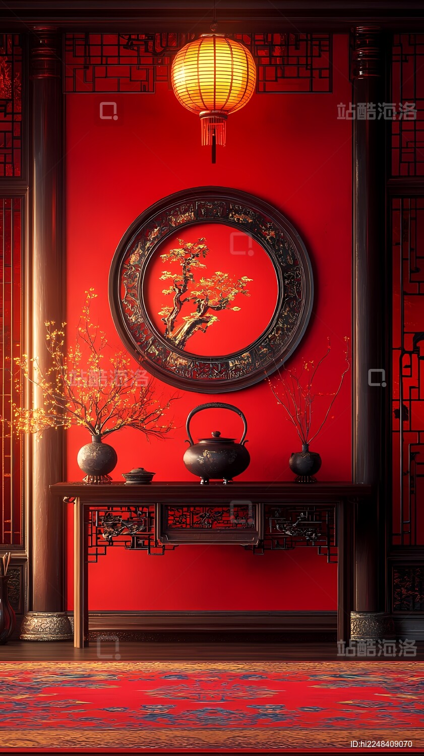 传统中国新年烟花和室内场景插画海报背景