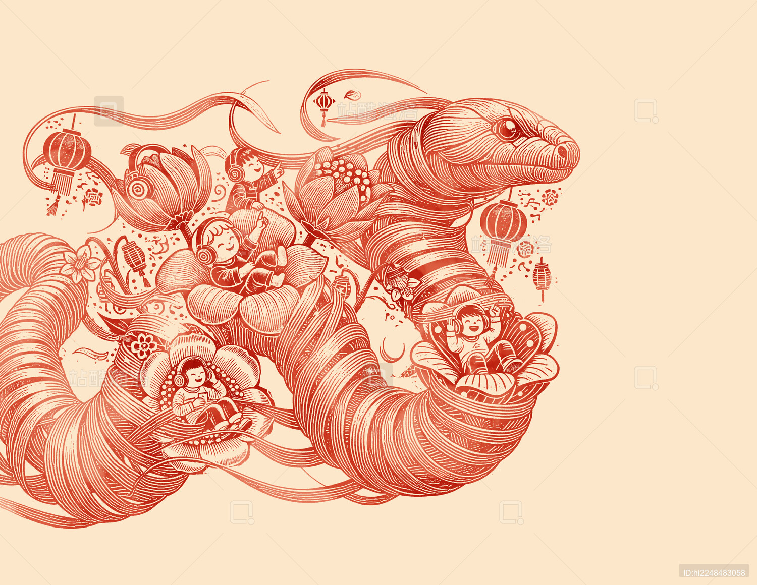 版画风格蛇年春节插画