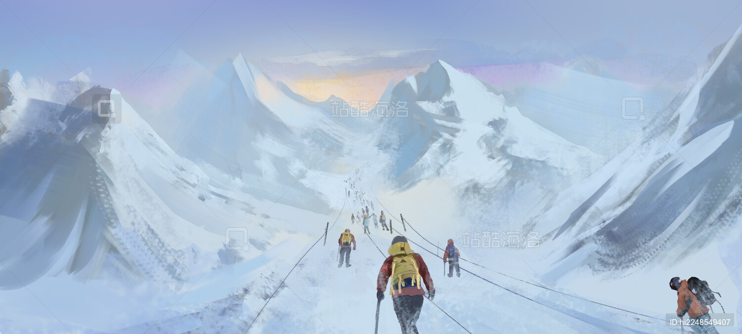 冬季冒险徒步旅行雪山风景插画
