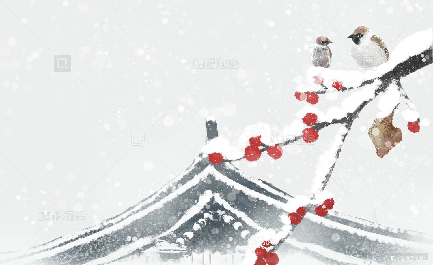 中国古风花鸟冬季雪景山水画