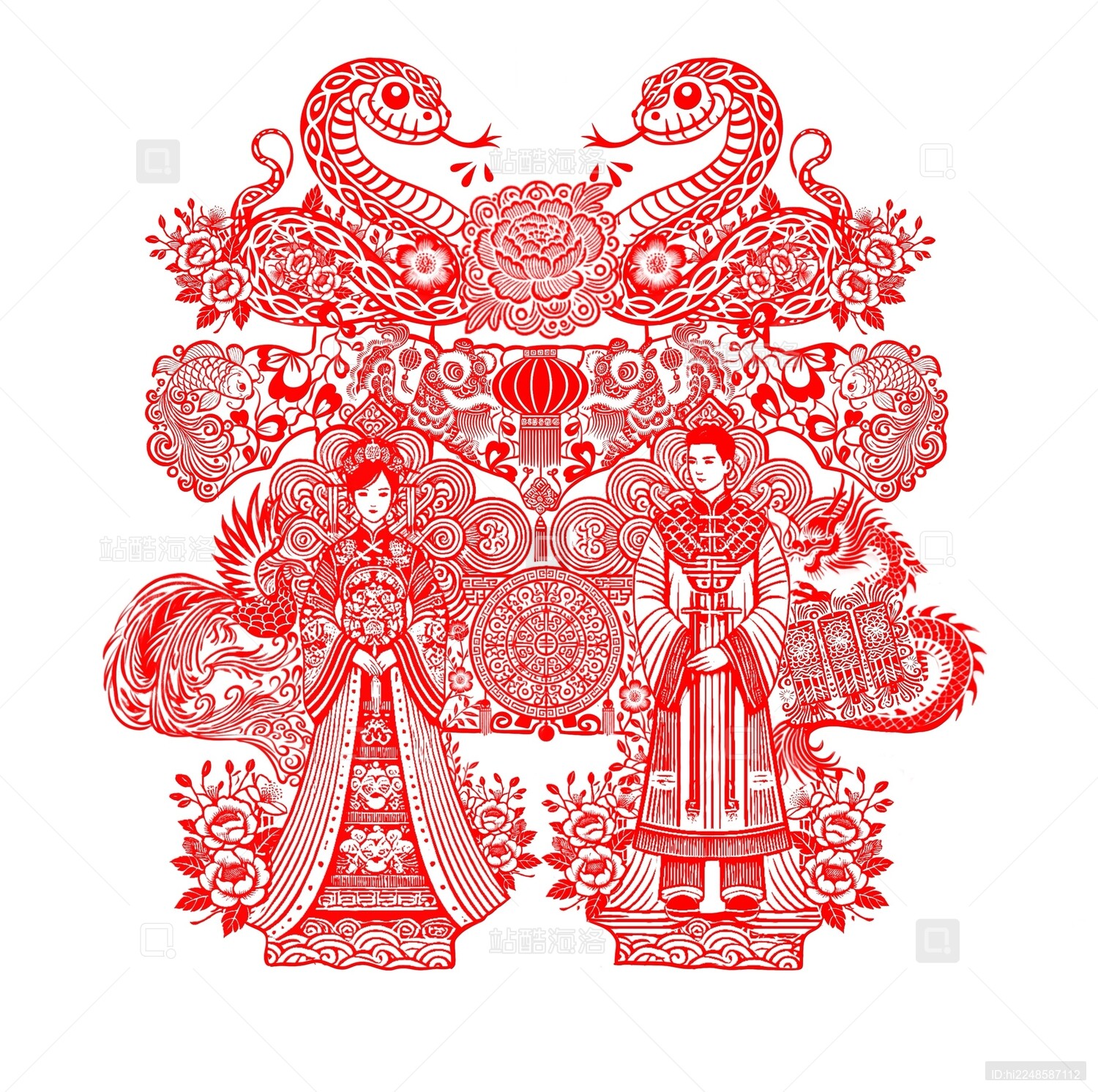 2025年-蛇年双喜剪纸插画