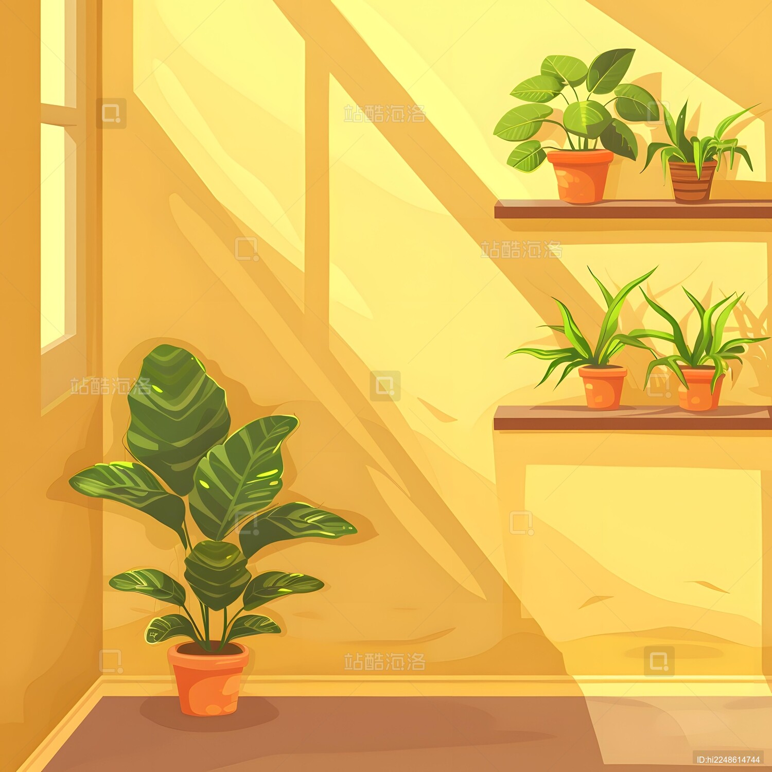 室内植物阳光照射房间卡通插画