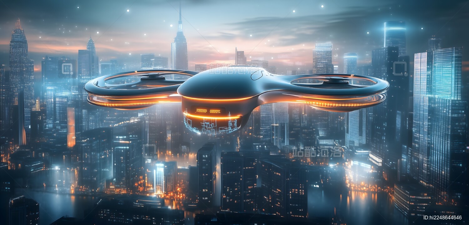 3d未来城市上空无人机科技背景