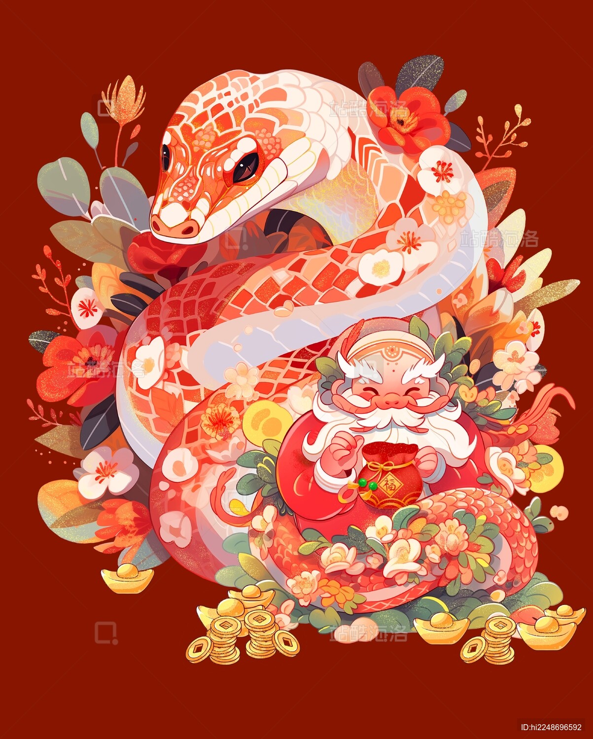 国潮插画-灵蛇与财神