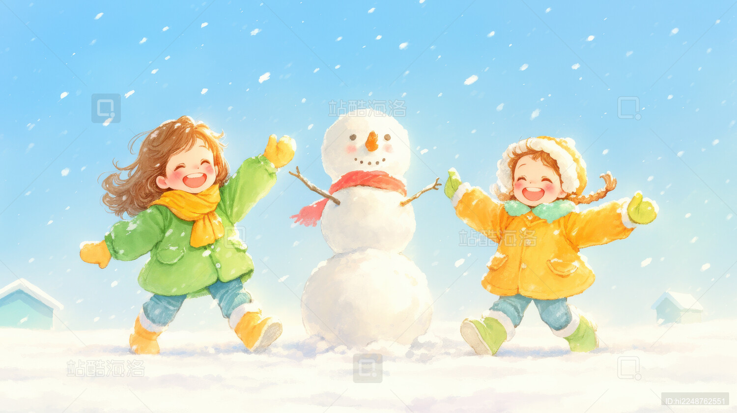 孩子们堆雪人玩耍的快乐时光