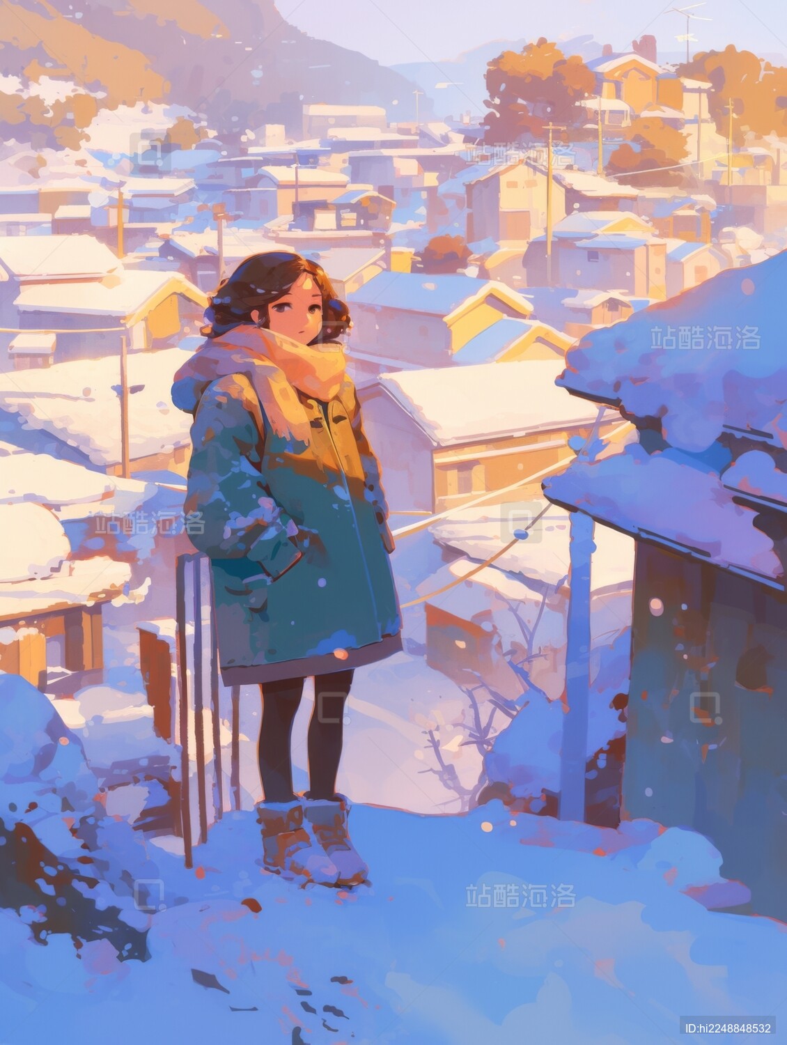 冬季大雪中的女孩的插画