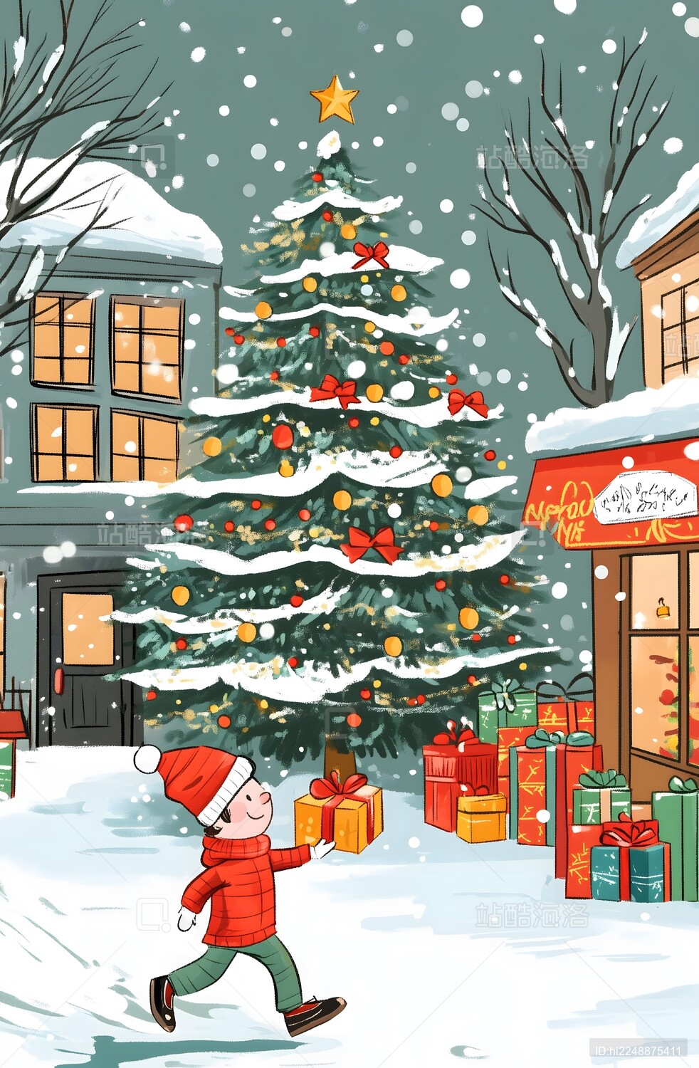 冬季圣诞树雪人和礼物插画背景