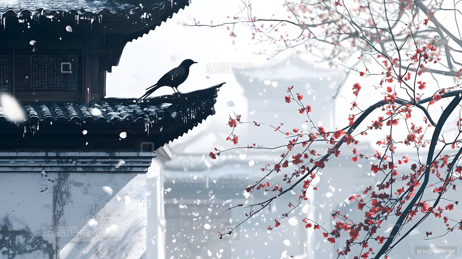 雪中古建筑与飞鸟和梅花