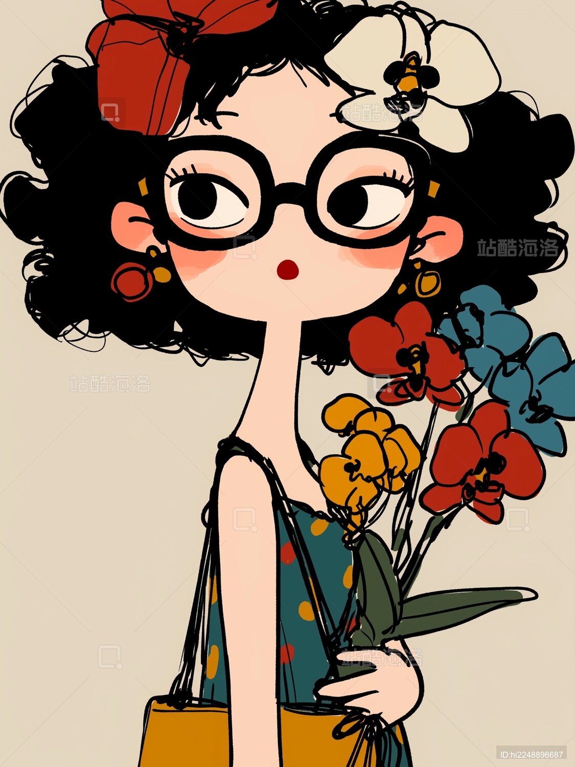 手拿鲜花的少女插画