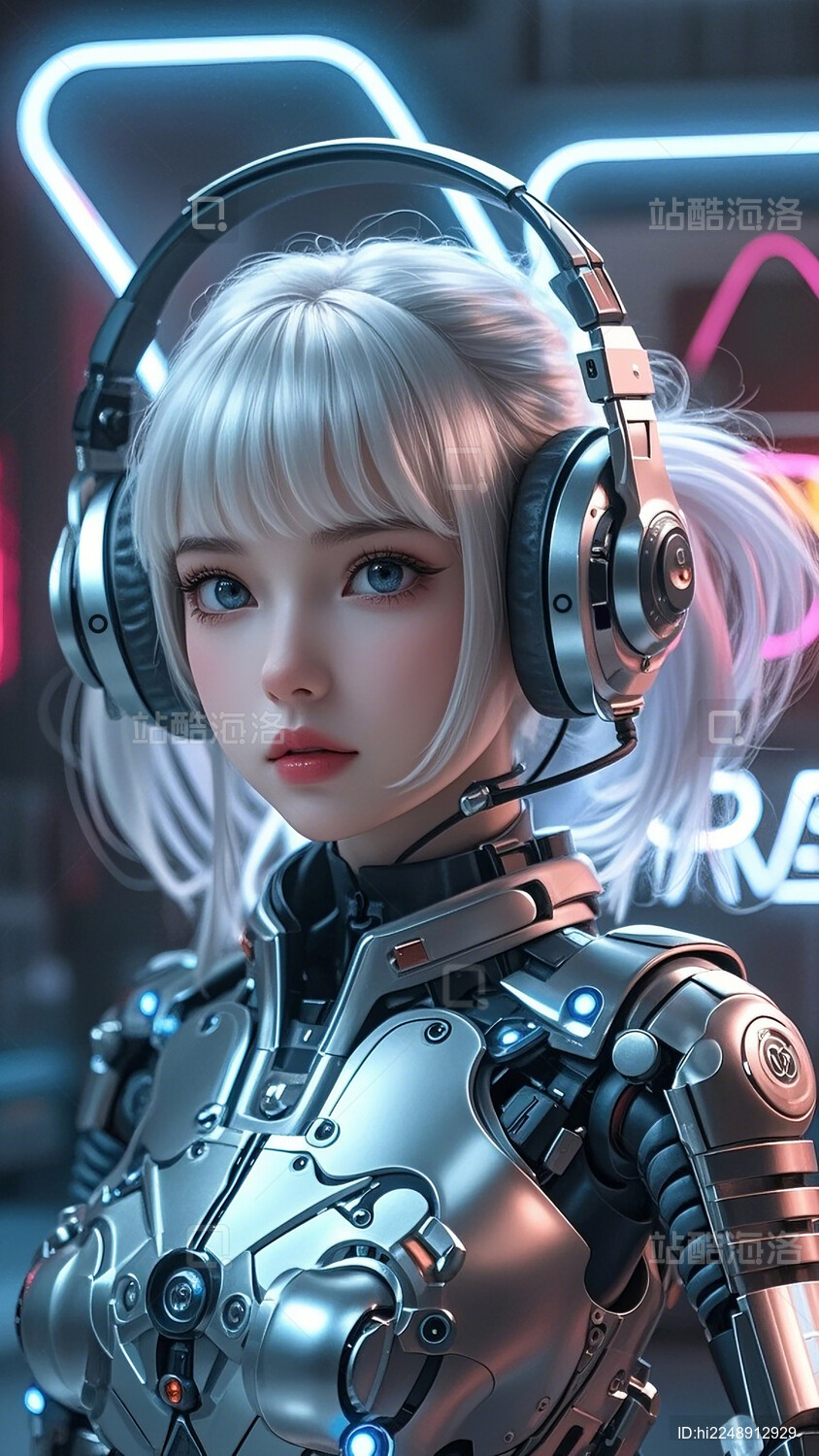 超写实白头发戴耳机的机械美少女机器人