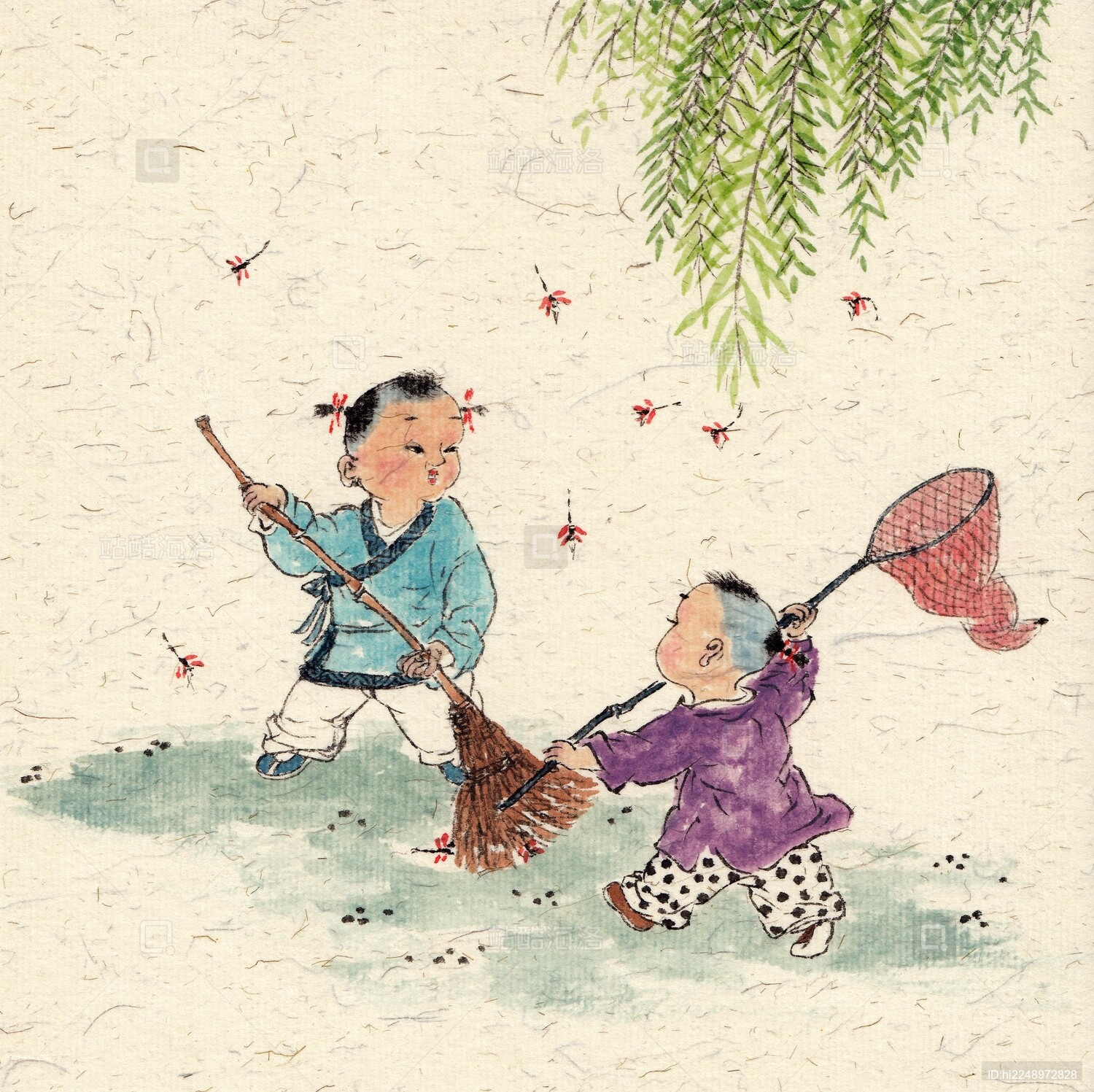 手绘水墨古典儿童游戏童年插画