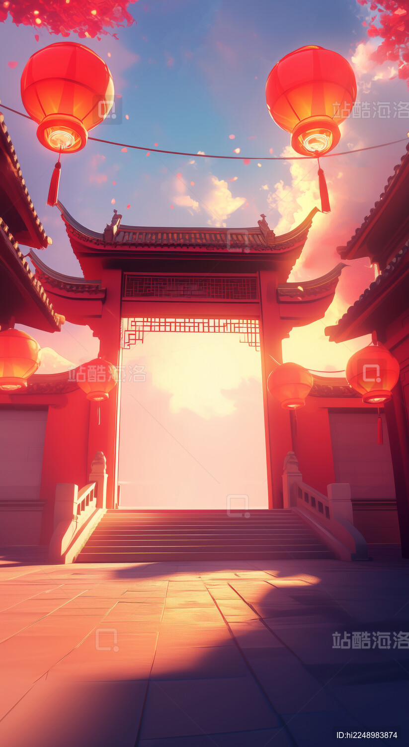 3d春节红色古代建筑大门电商产品展台