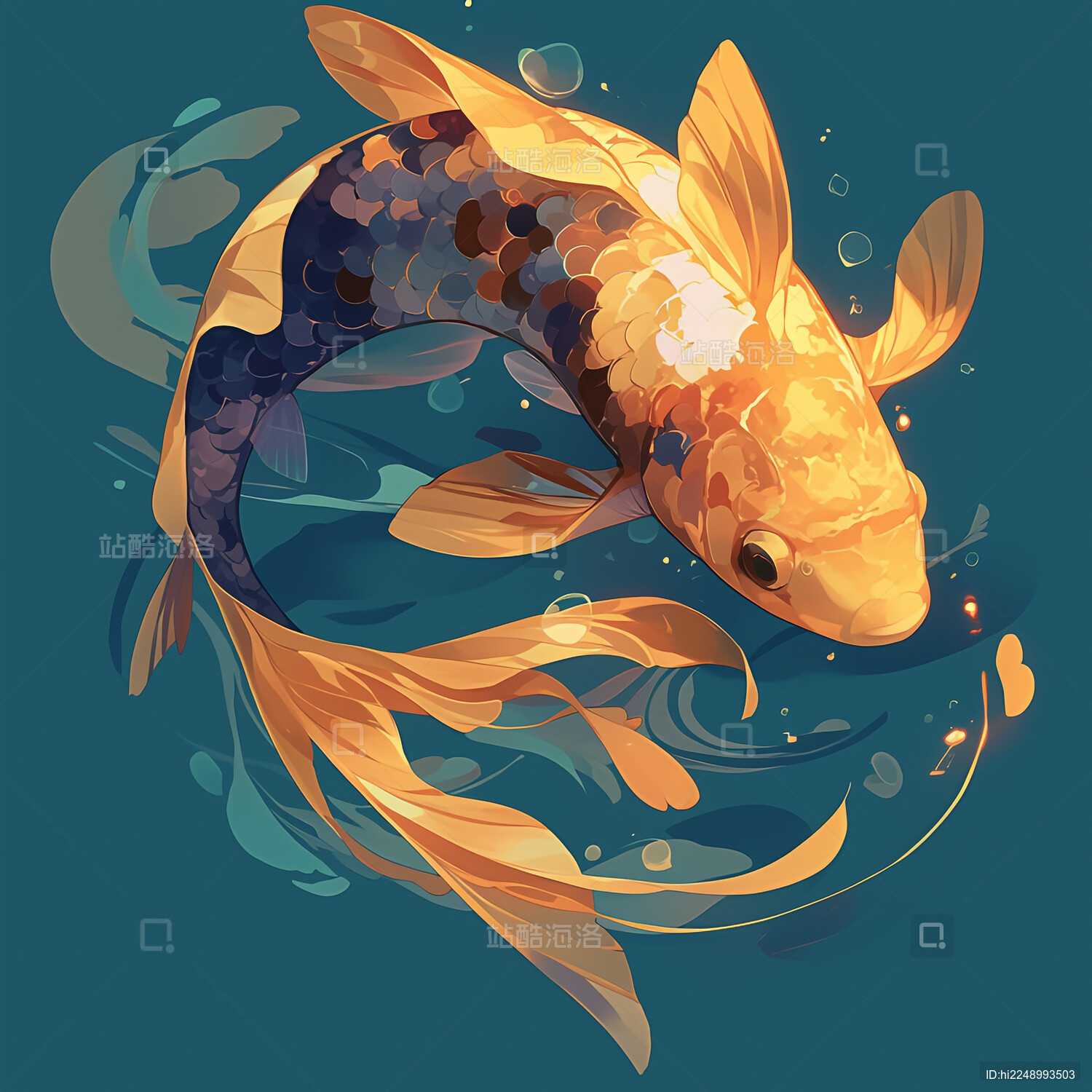 唯美梦幻新年风格锦鲤插画图案壁纸