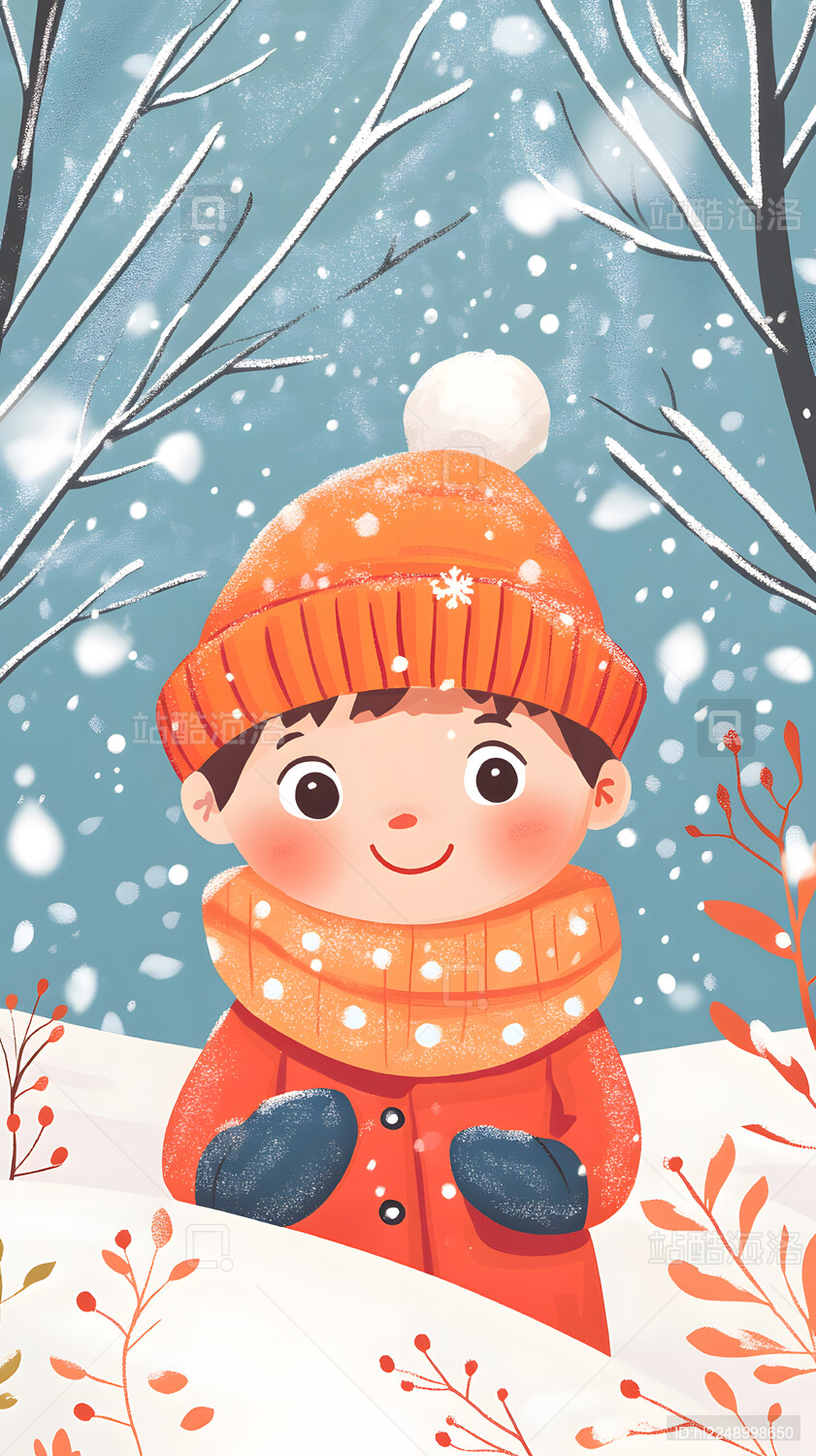 冬天雪花堆雪人卡通插画