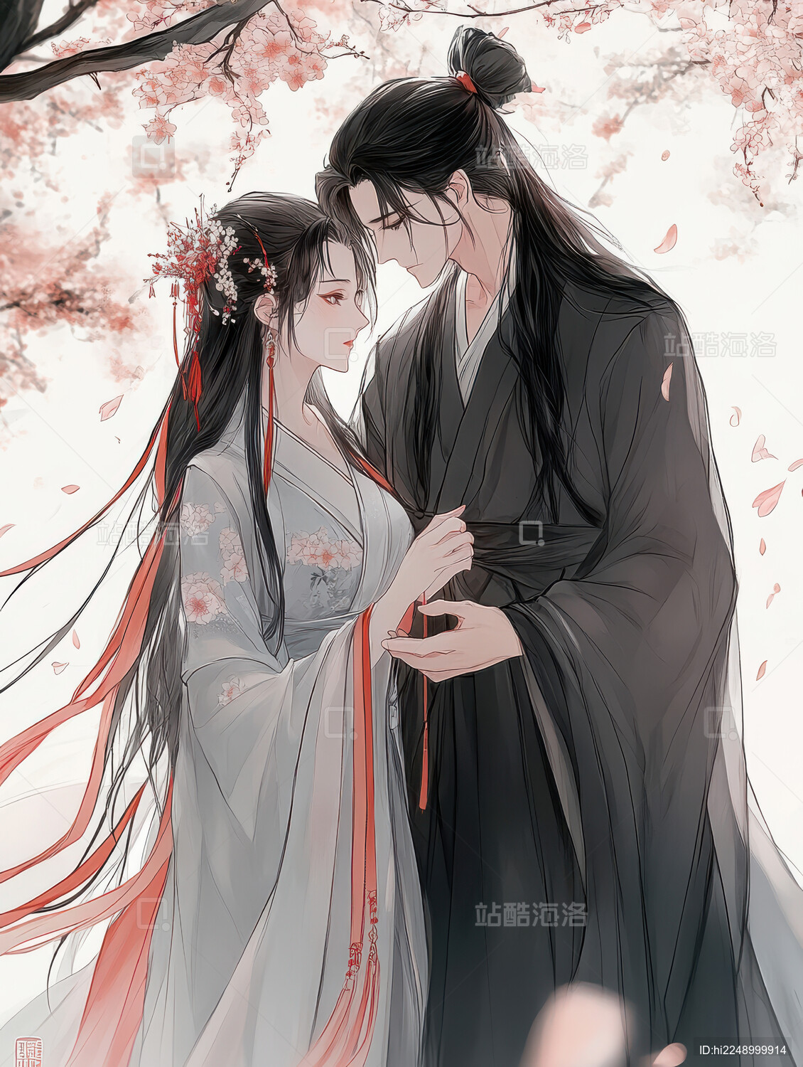 七夕情人节古风情侣拥抱竖版插画