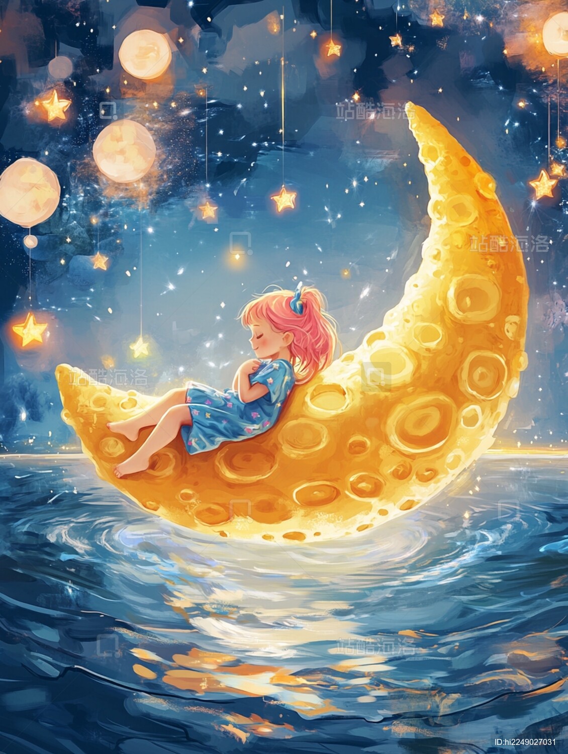 可爱小女孩坐在月亮上繁星点点汪洋大海