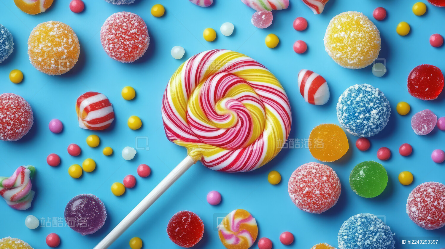 蓝色背景下的彩色糖果和棒棒糖