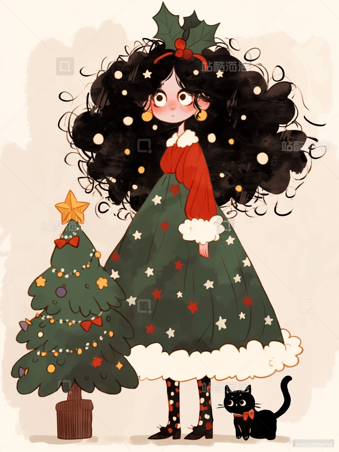 圣诞树女孩的插画