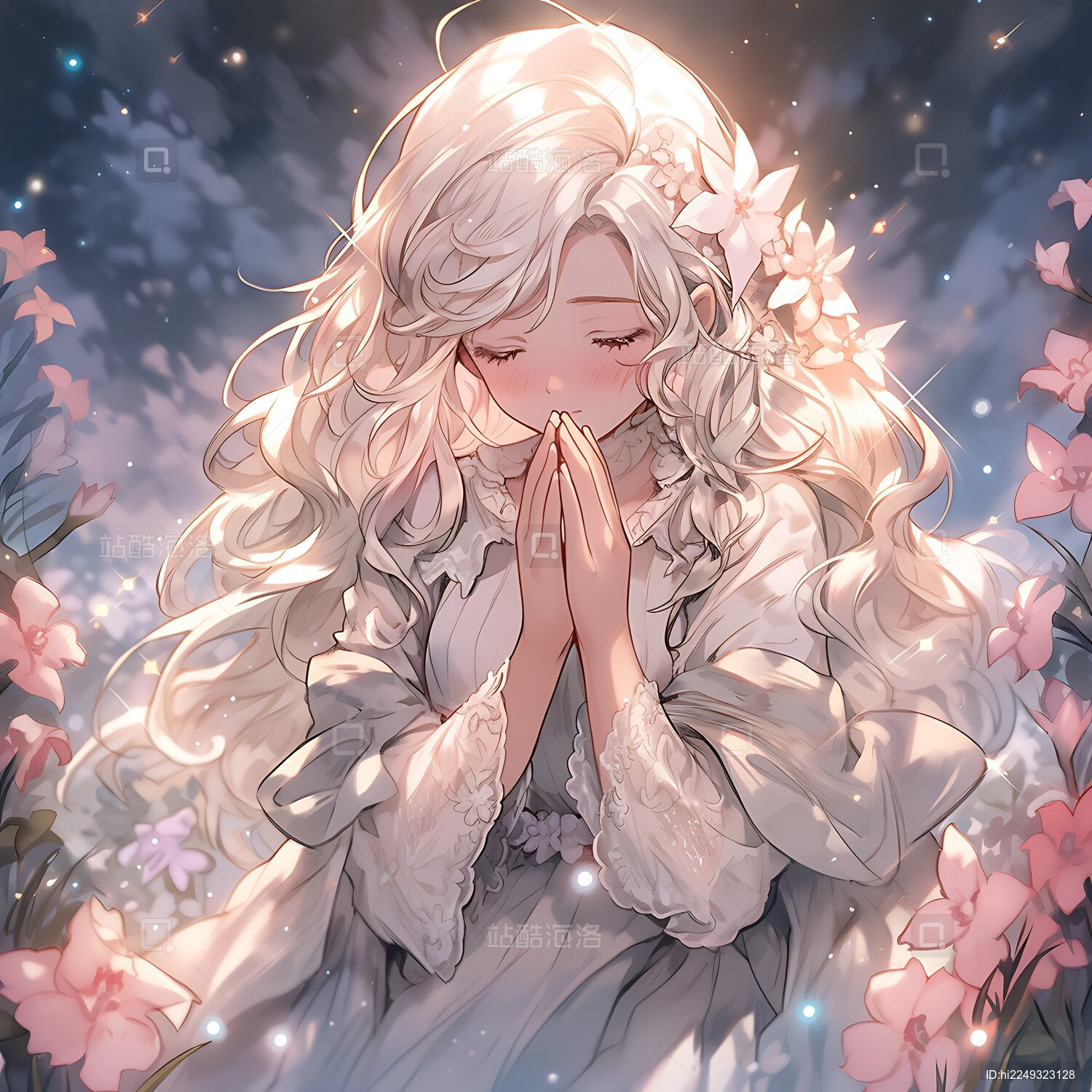 美丽星空下祈祷的优雅精灵女孩