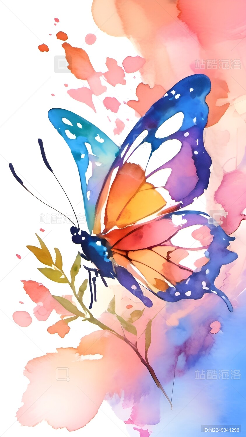 唯美水彩蝴蝶白底插画背景