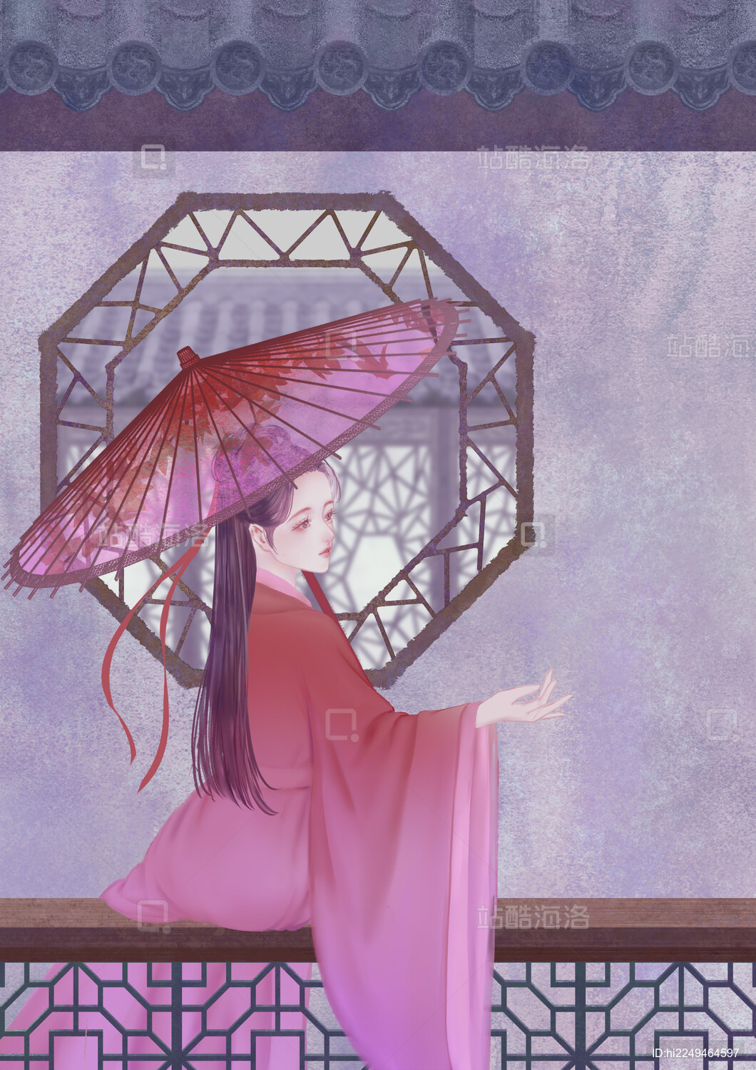 户外建筑栏杆连廊上打伞的红衣汉服古装女人