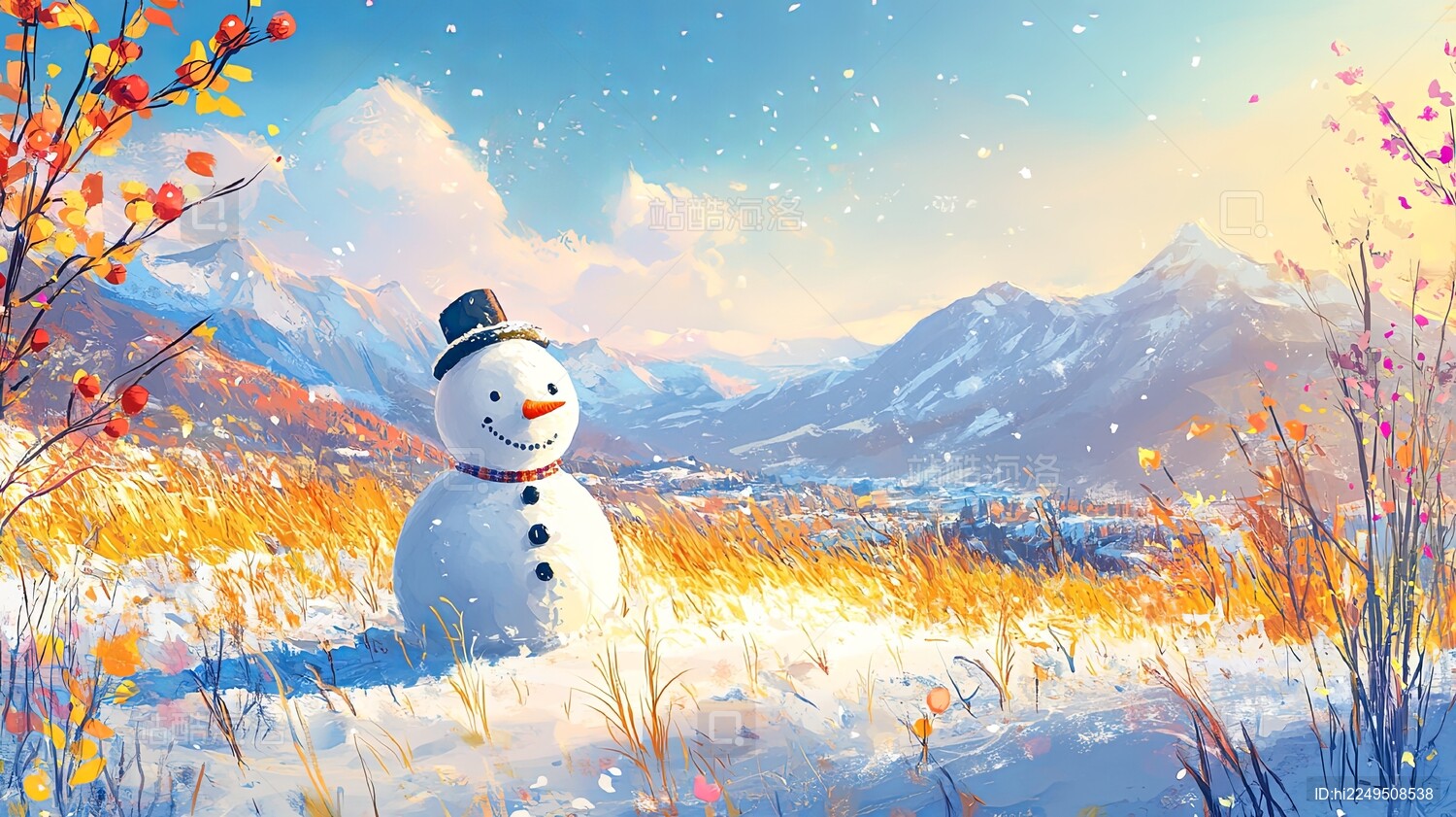 多彩冬日雪景数字插画