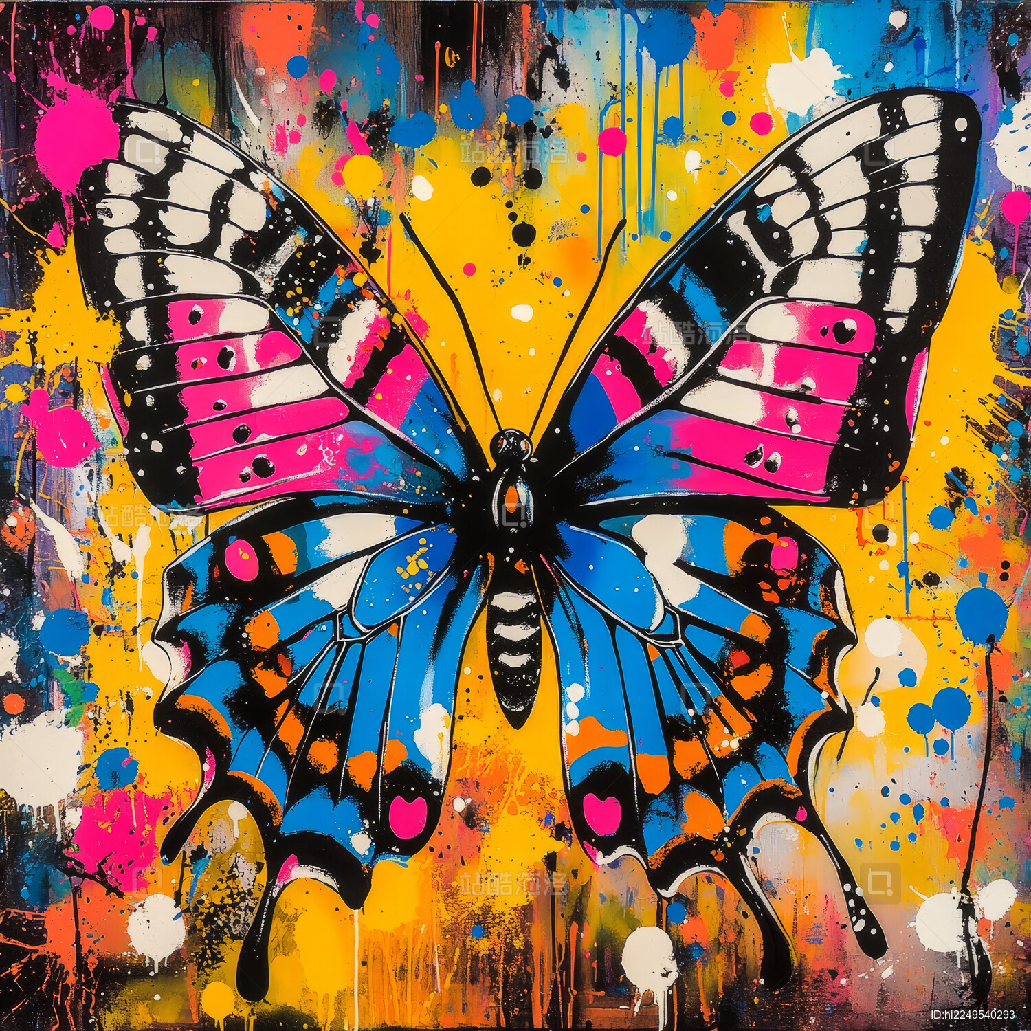 颜料涂鸦的彩色蝴蝶 